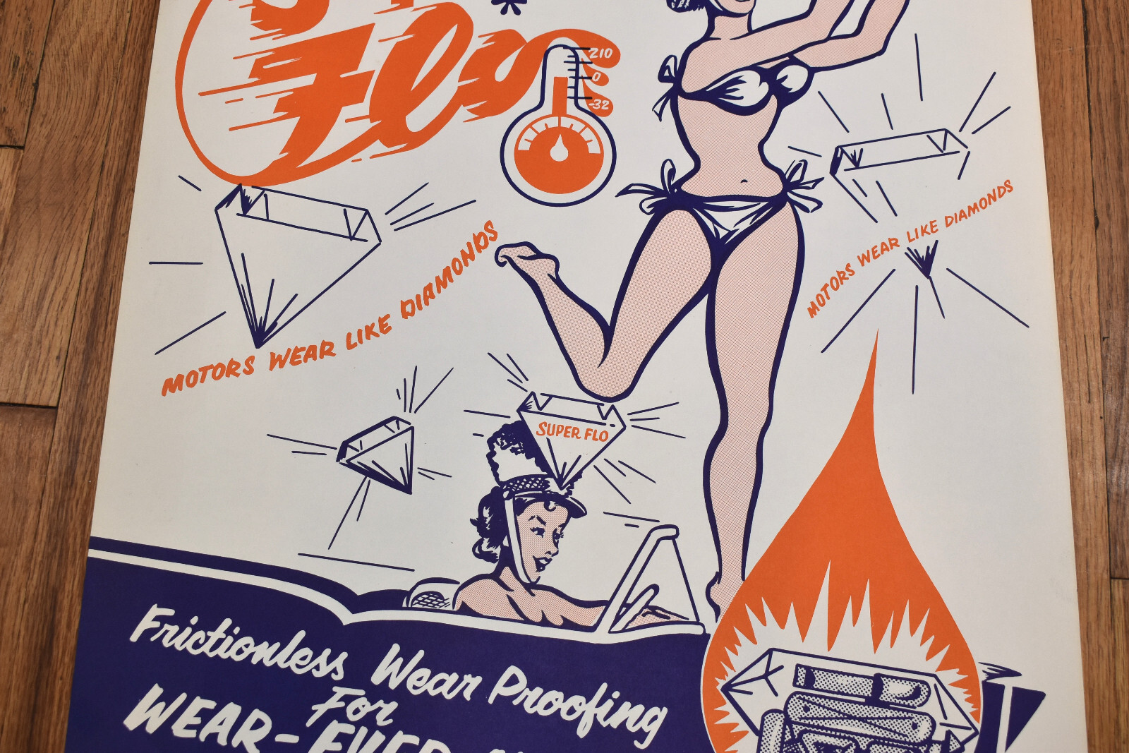 Vintage SUPER FLO WEAR EVER Motors GAS OIL Advertising Poster SIGN ROCKET LADY