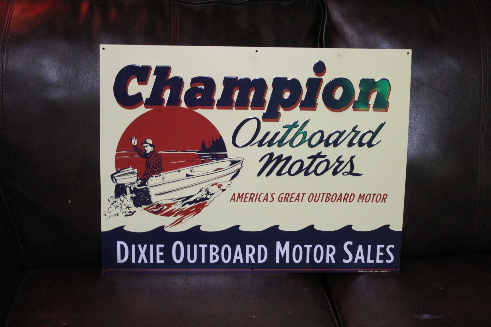 CHAMPION OUTBOARD MOTOR DEALER EMBOSSED METAL SIGN BOAT MARINE FISH DIXIE