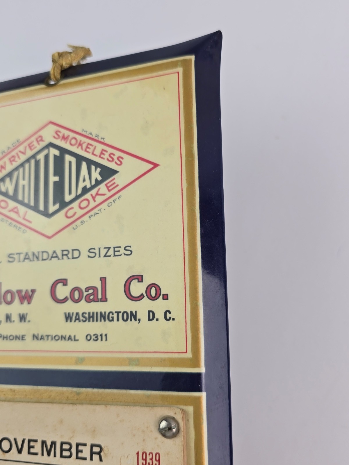 1939 Marlow Coal. Co. Washington D.C. Blue Celluloid Calendar Sign White Oak