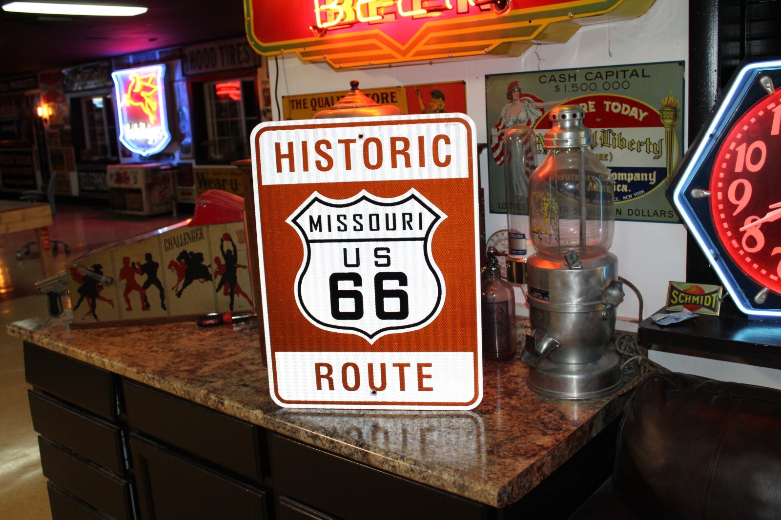 RARE MISSOURI US ROUTE 66 HWY MOTHER ROAD METAL SIGN HISTORIC DOT 2-98 GAS FORD