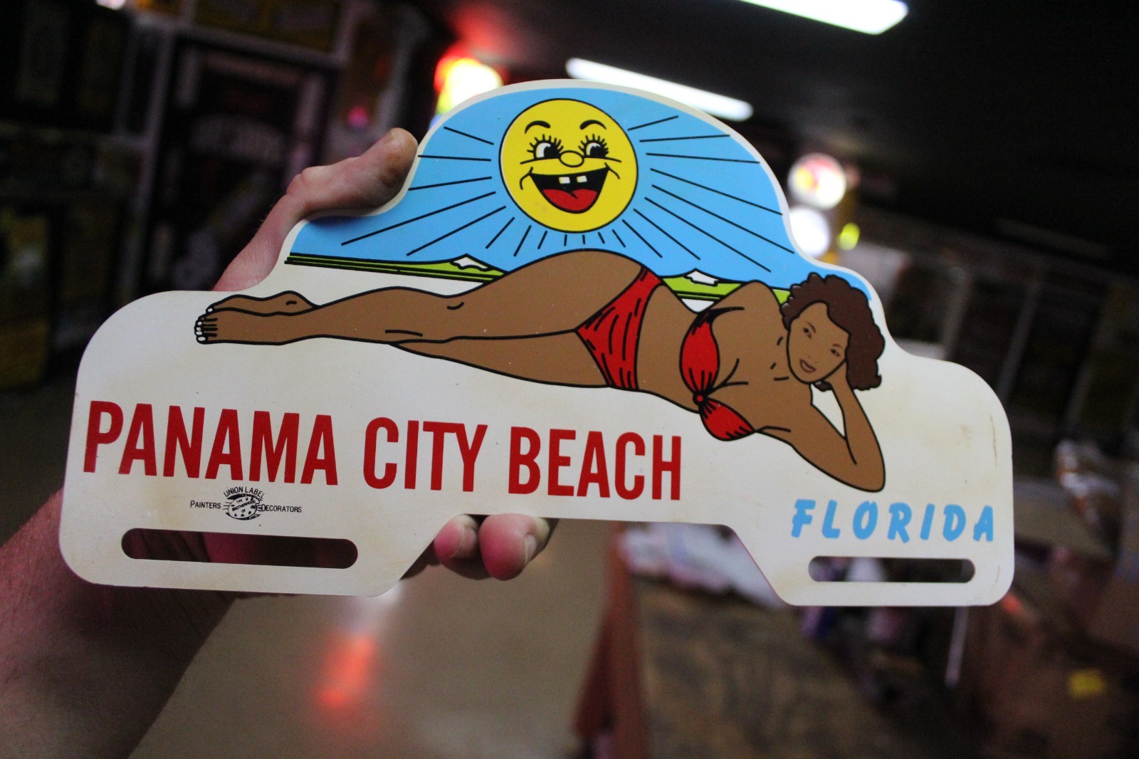 RARE 1950s PANAMA CITY BEACH FLORIDA PAINTED METAL TOPPER SIGN SUN BIKINI GIRL
