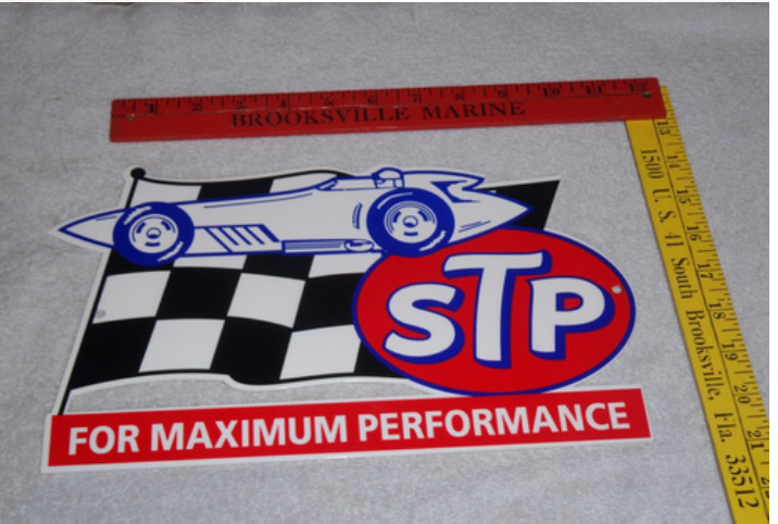 VINTAGE STP OIL ADDITIVE + RACE CAR & FLAG 12″ METAL DIE-CUT GASOLINE SIGN S T P