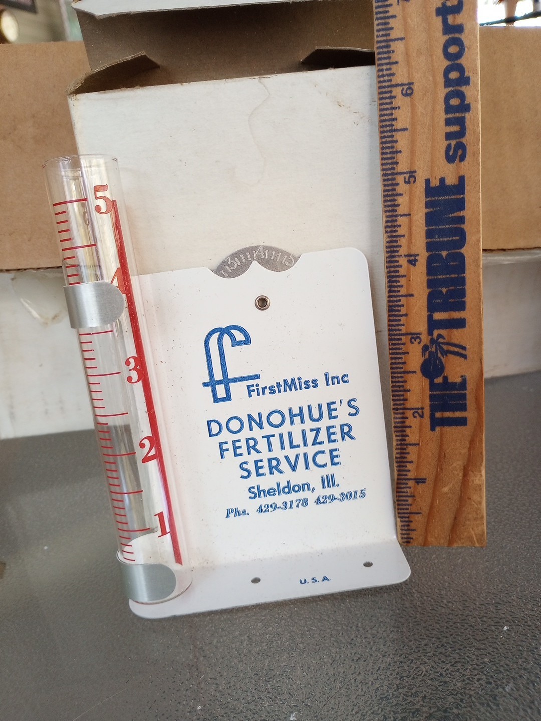 Old Elevator Ad. Rain Gauge’First Miss Inc Donahue’s Fertilize’ Sheldon,Illinois
