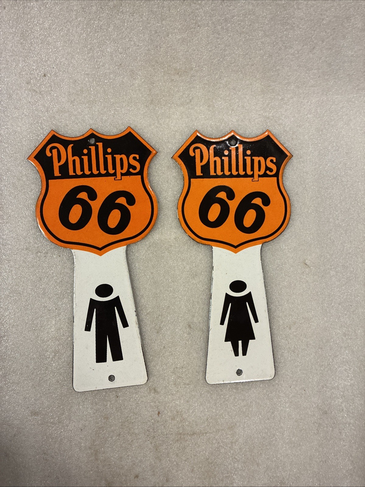 Phillips 66 Porcelain Gas Station Sign Pair Restroom Bathroom Key Holder