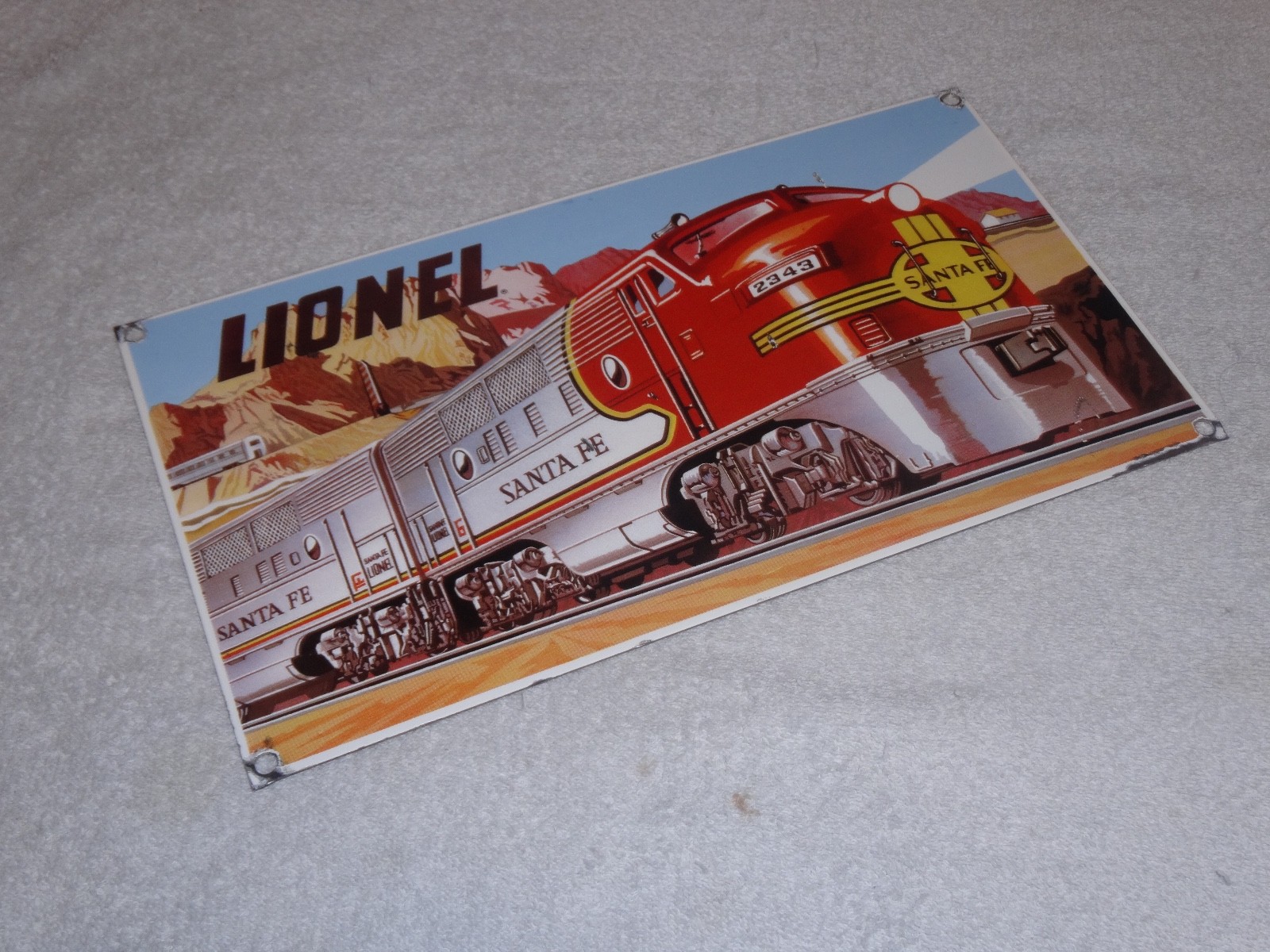 VINTAGE LIONEL SANTA FE TRAIN NORTHERN STEAM LOCOMOTIVE 14″ PORCELAIN METAL SIGN