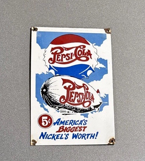 VINTAGE 12” PEPSI COLA SODA PORCELAIN SIGN CAR GAS OIL TRUCK MOTORCYCLE