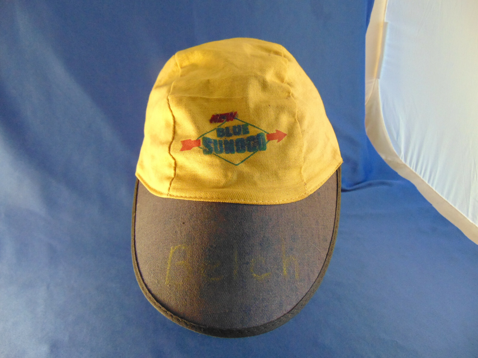 Vtg Sunoco gas station hat yellow fabric baseball style blue visor size med