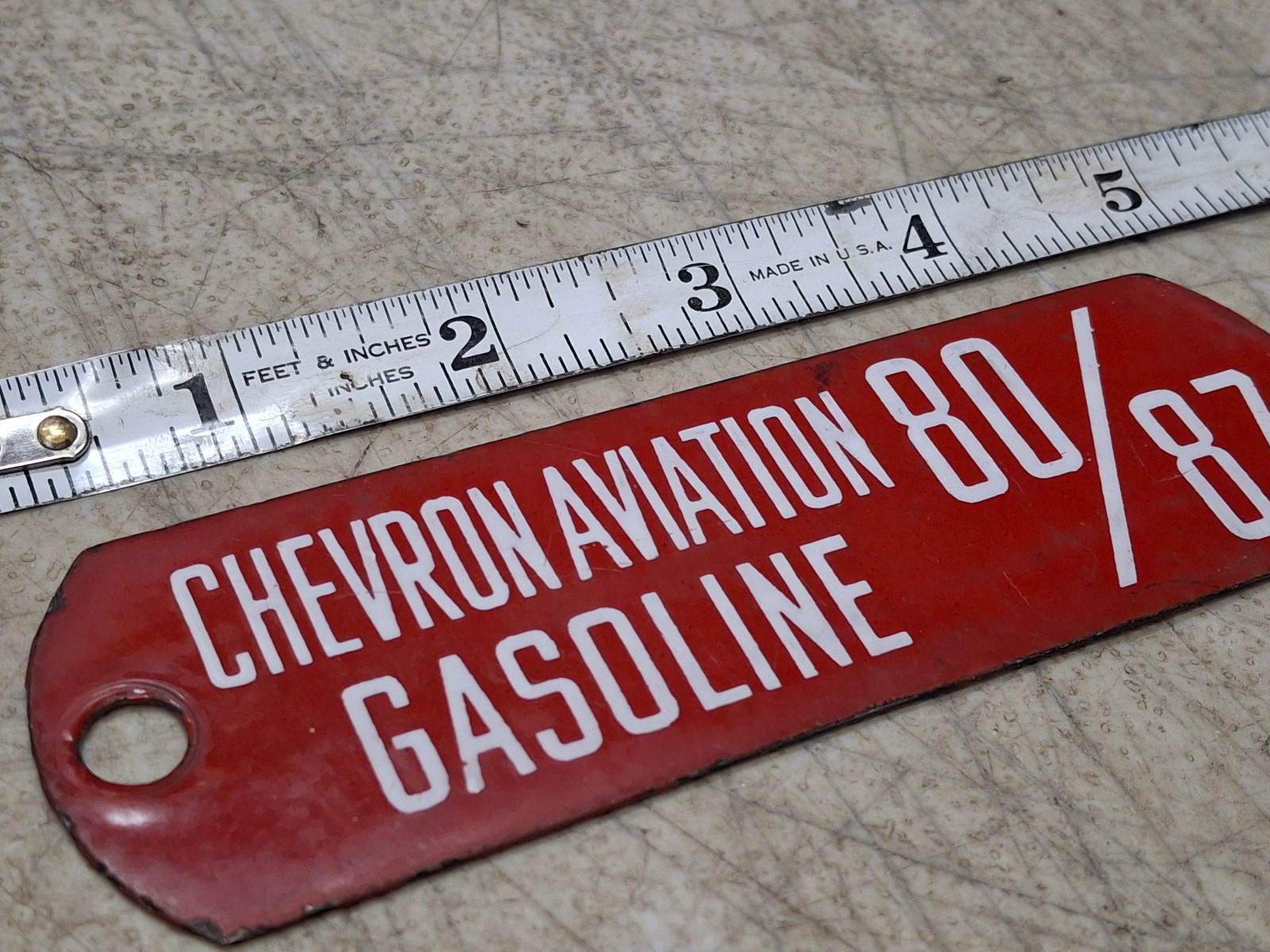 Vintage Chevron Aviation Gasoline 80/87 Porcelain Metal Gas Pump Tag Sign