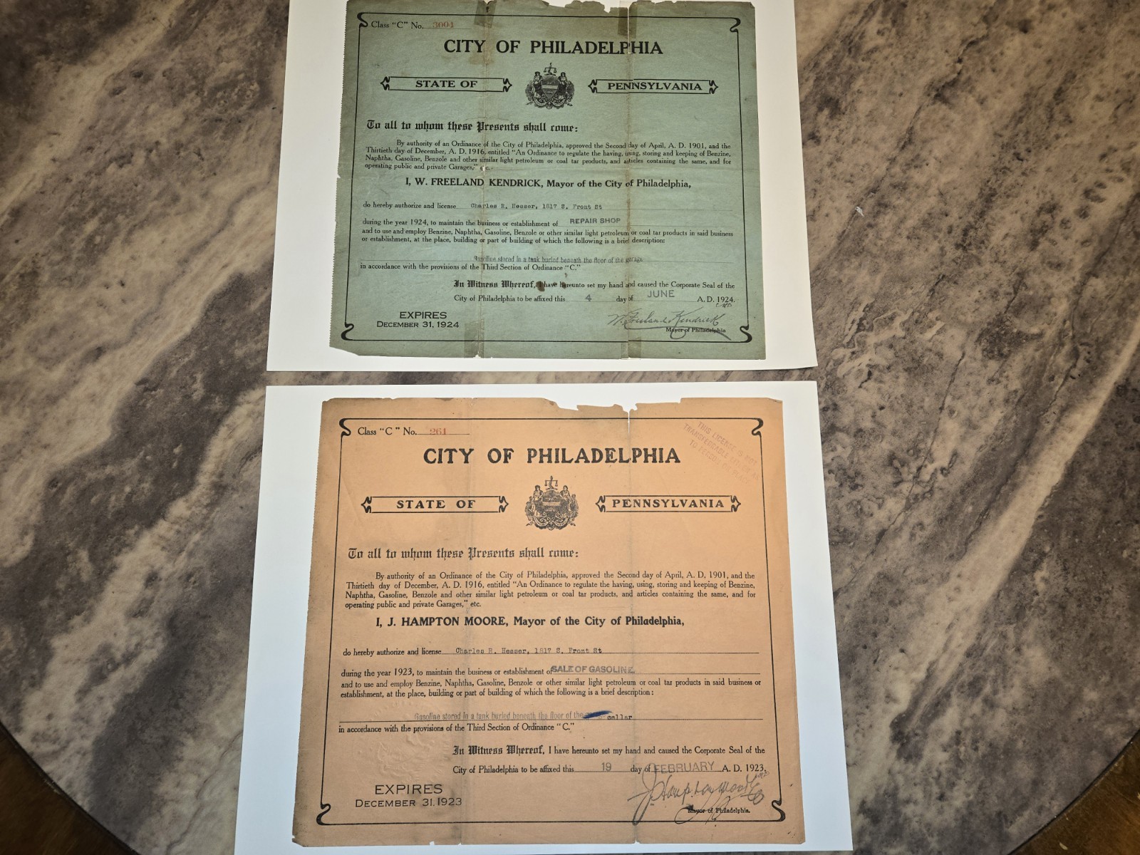 2 RARE 1923 1924 PHILADELPHIA, PENNSYLVANIA GAS SERVICE STATION SALES LICENSES