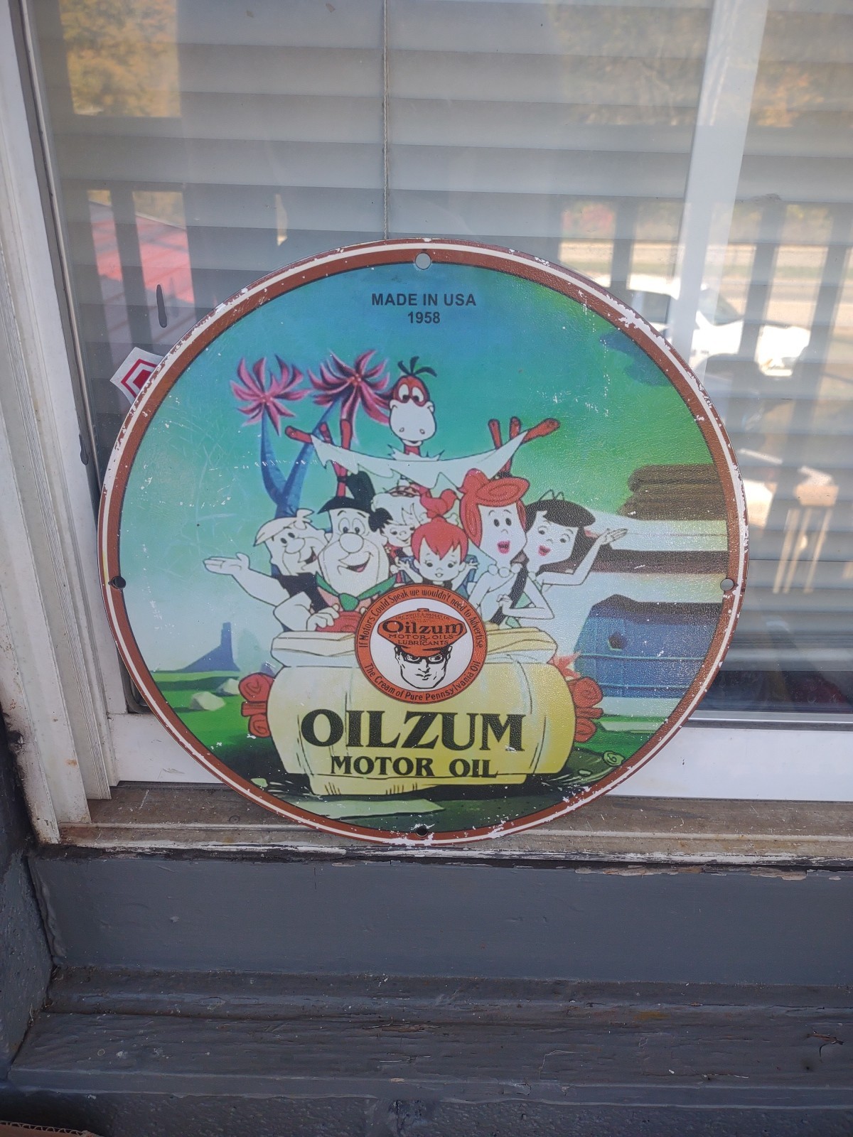 VINTAGE OILZUM PORCELAIN SIGN MOTOR OIL GAS STATION FLINTSTONES SERVICE STATION