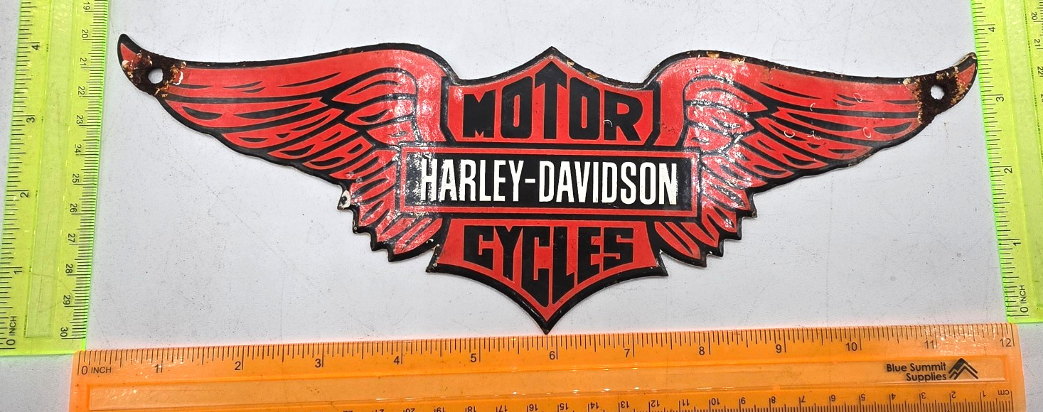 HARLEY DAVIDSON MOTOR CYCLES 12″ VINTAGE PORCELAIN SIGN GAS MOBILE MOTOR OIL