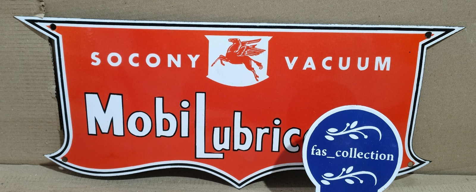 Socony Vacuum mobi Lubrication Porcelain Enamel Sign 25 x 10 Inches 1 Sided