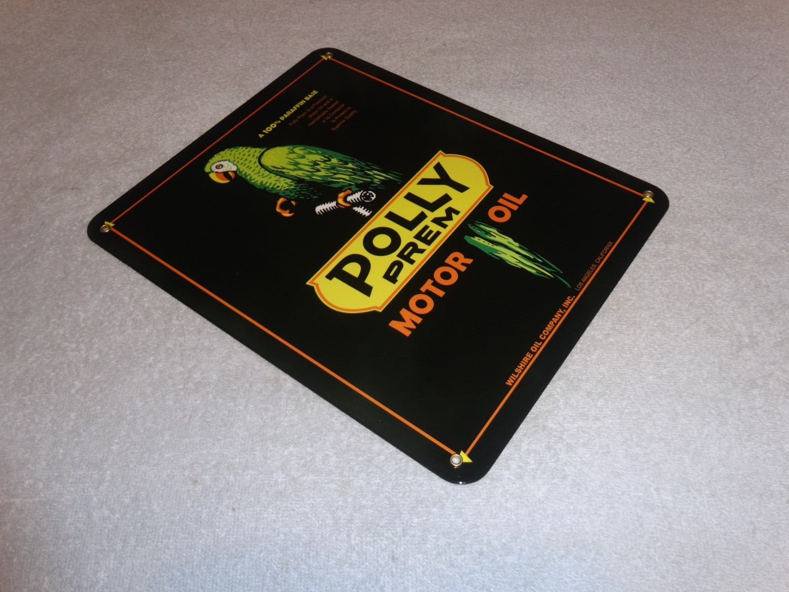 VINTAGE POLLY PREMIUM GASOLINE PARROT 12.5″ PORCELAIN METAL WILSHIRE CA OIL SIGN