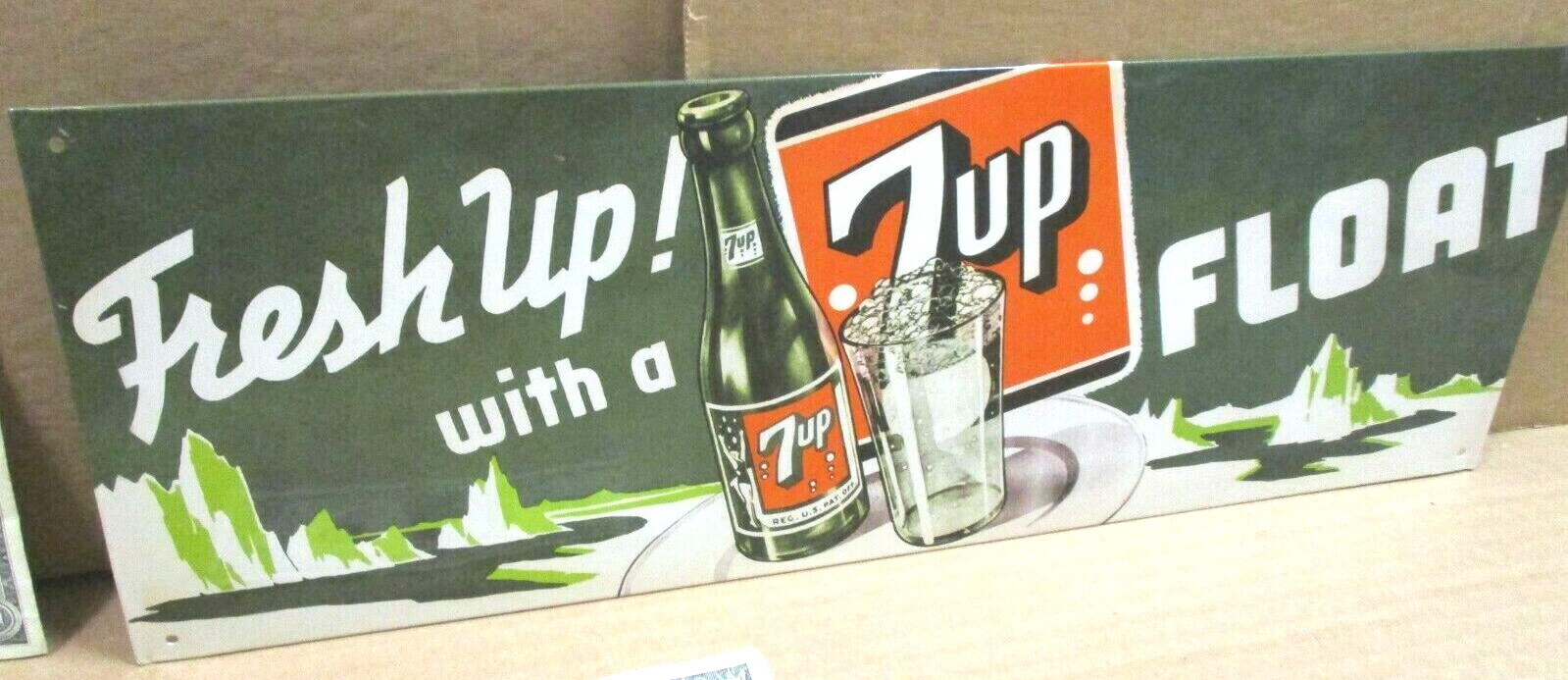 7 UP – SEVEN UP FLOAT -Swimsuit Girl Old GLASS BOTTLE – OLD TIN SIGN Date- 2001