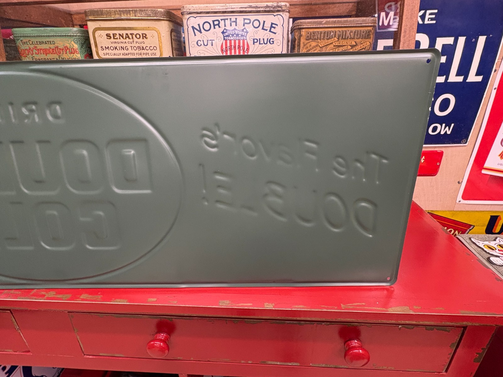 “DOUBLE COLA” LARGE EMBOSSED METAL ADVERTISING SIGN, (42″x 14″) NICE CONDITION
