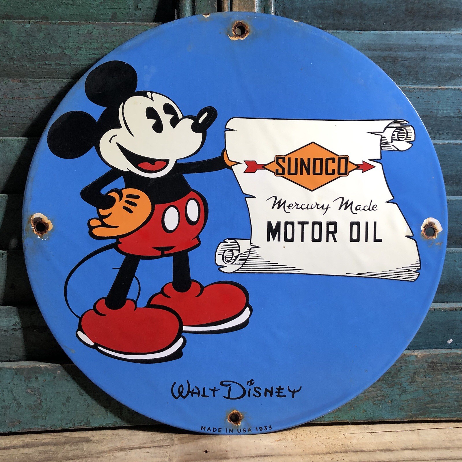 VINTAGE 1933 DATED SUNOCO DISNEY MICKEY MOUSE 12” PORCELAIN SIGN GAS MOTOR OIL