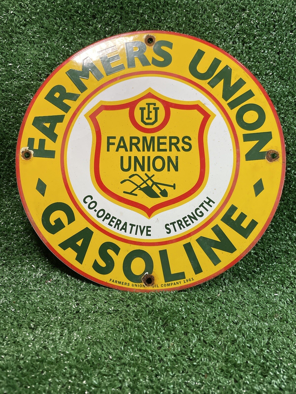VINTAGE FARMERS UNION OIL CO PORCELAIN SIGN 1961 GAS STATION OIL FARM TRACTOR