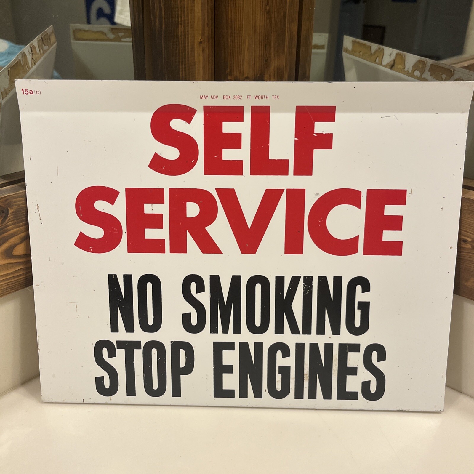 Self Service No Smoking Stop Engines May Advertising Display Sign Vintage
