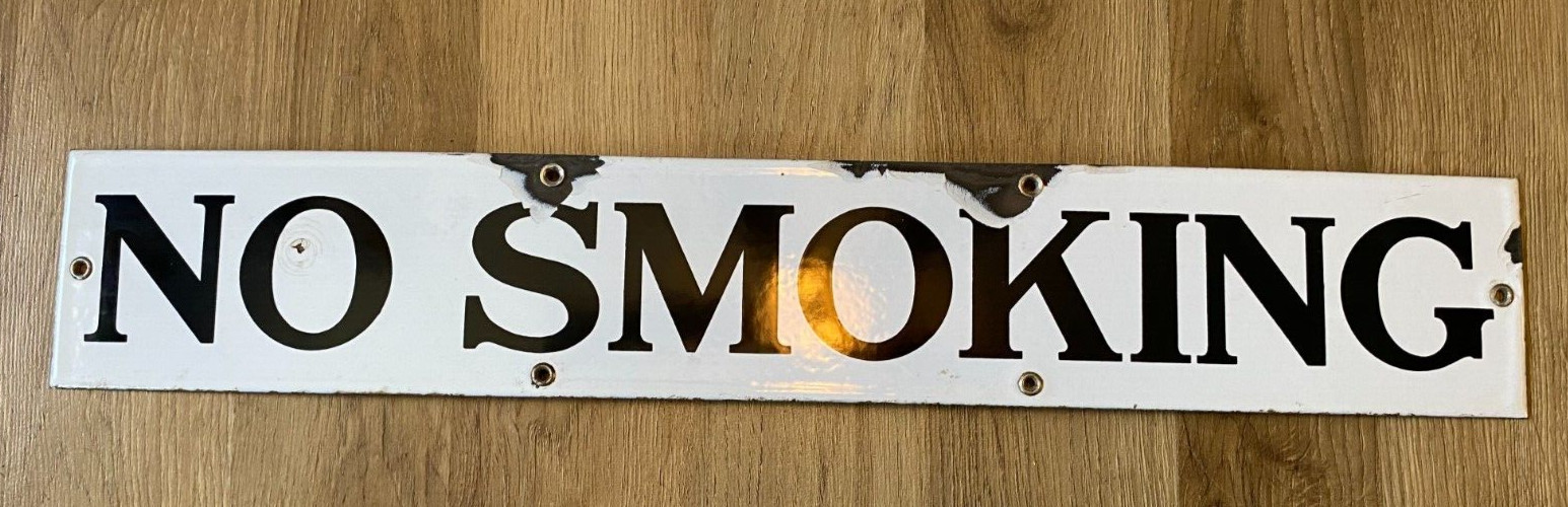 Vintage No Smoking Porcelain Sign White with Black Letters used 24″ X 4″