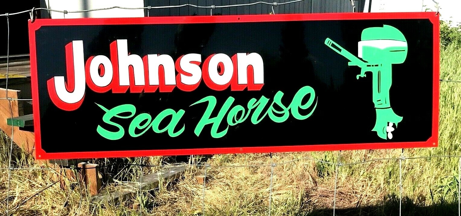 Large Vintage Hand Lettered JOHNSON OUTBOARD MOTOR Boat Gas Man Cave Fish SIGN
