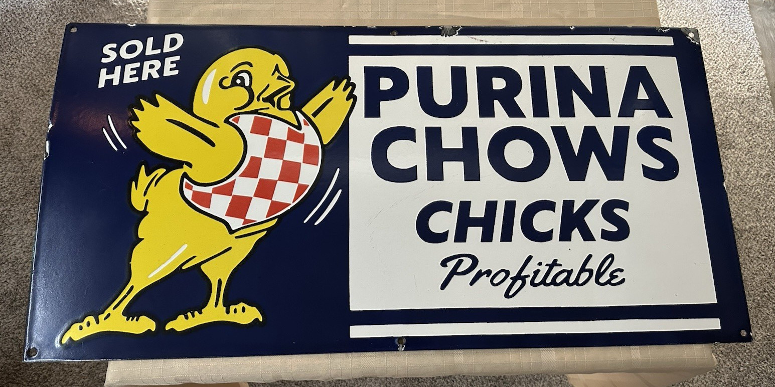 Purina Chows Chicks Porcelain Enamel Single Sided Sign Approx. 36″ x 18″