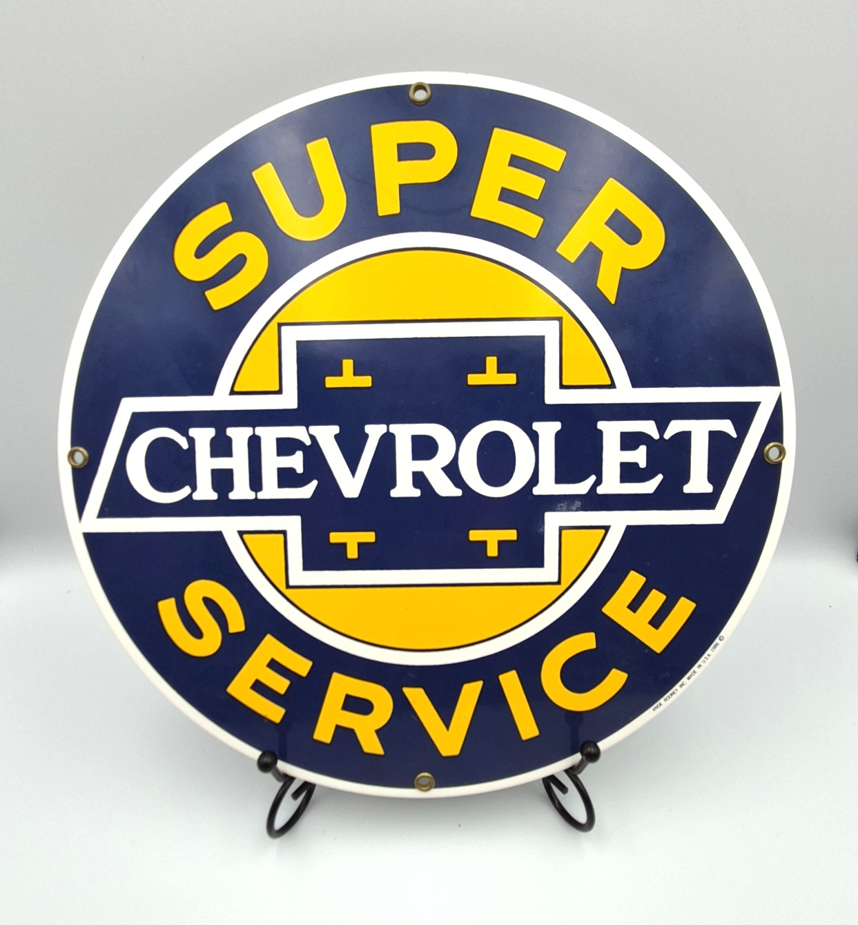 Ande Rooney Enameled Super Service Chevrolet Sign 1986 11-1/4” GREAT CLEAN SHAPE