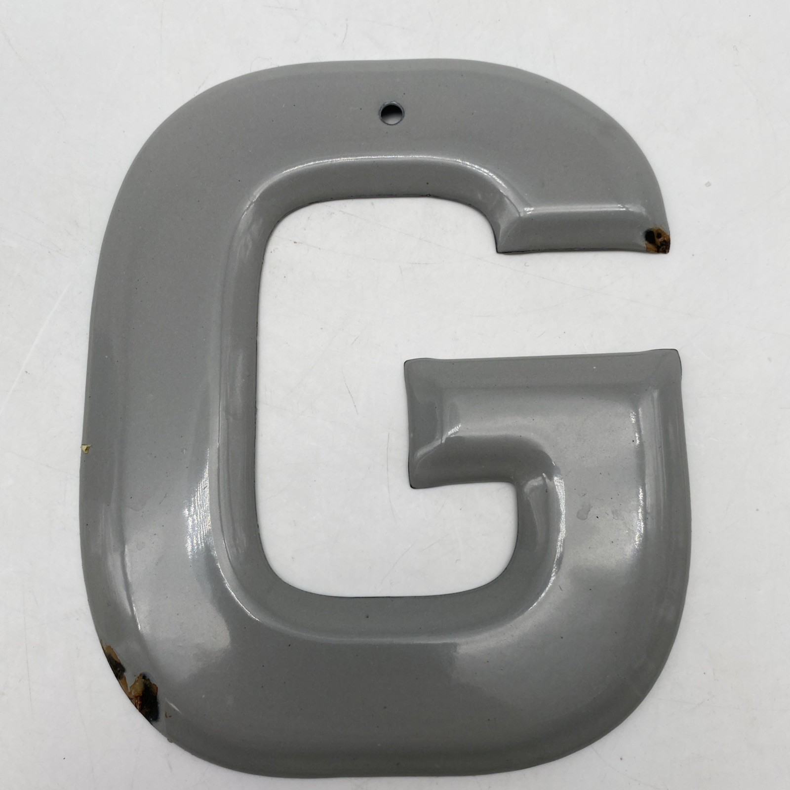 Vintage gray Porcelain Letter “G” Metal enamel 5.75” 5 3/4” grey #2