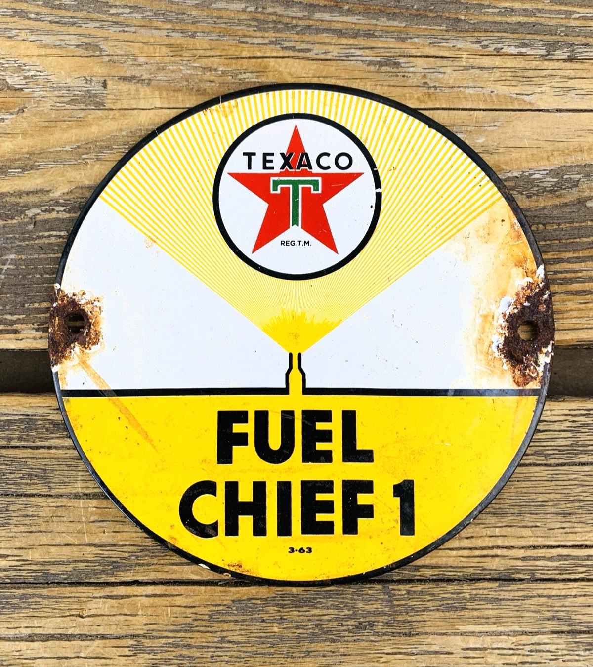 VINTAGE 6″ TEXACO FUEL CHIEF 1 OIL PORCELAIN SERVICE GASOLINE ADVERTISING SIGN