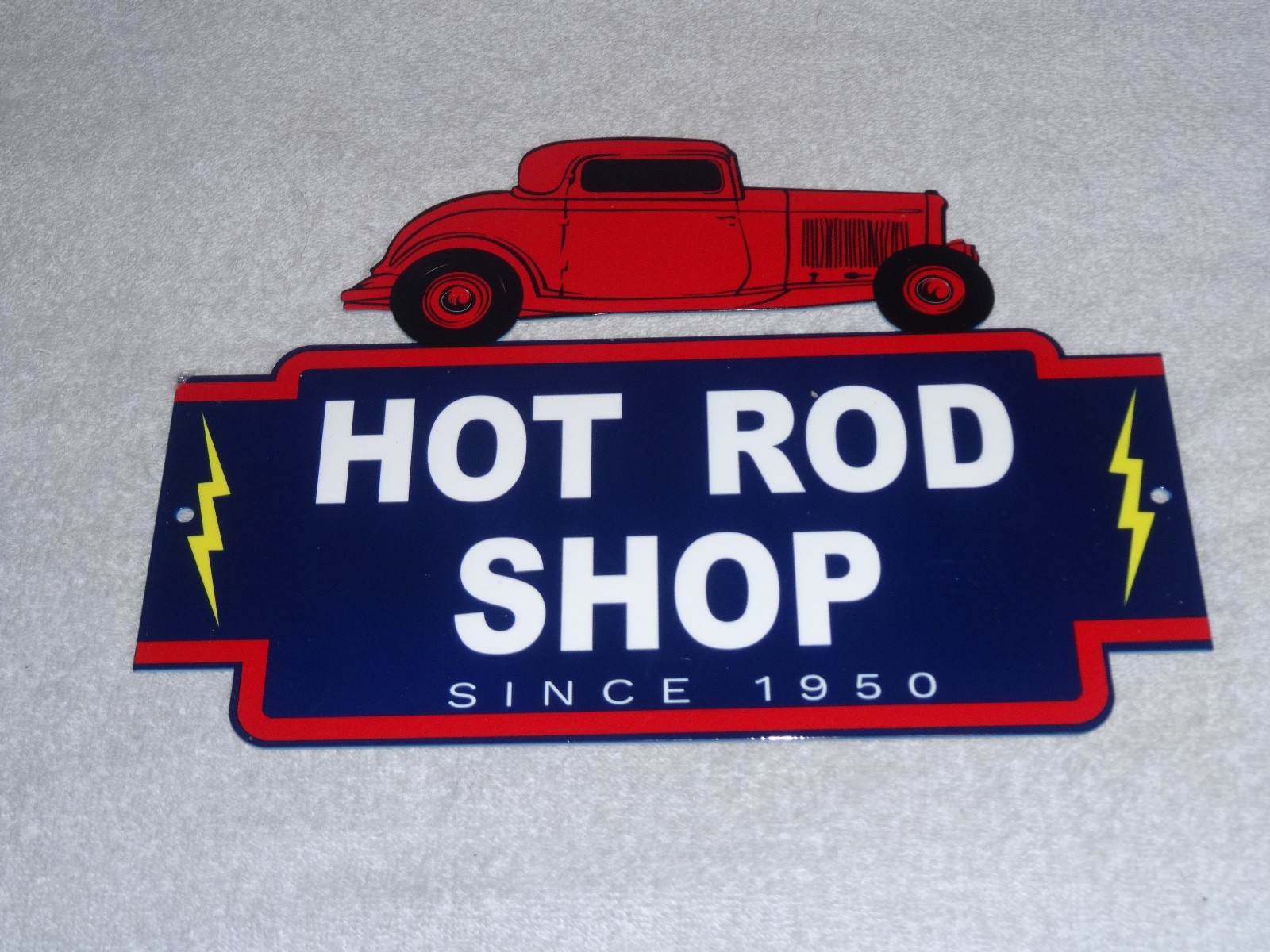 VINTAGE HOT ROD SHOP AUTO PARTS LIGHTNING 1950 12″ METAL CAR GASOLINE & OIL SIGN