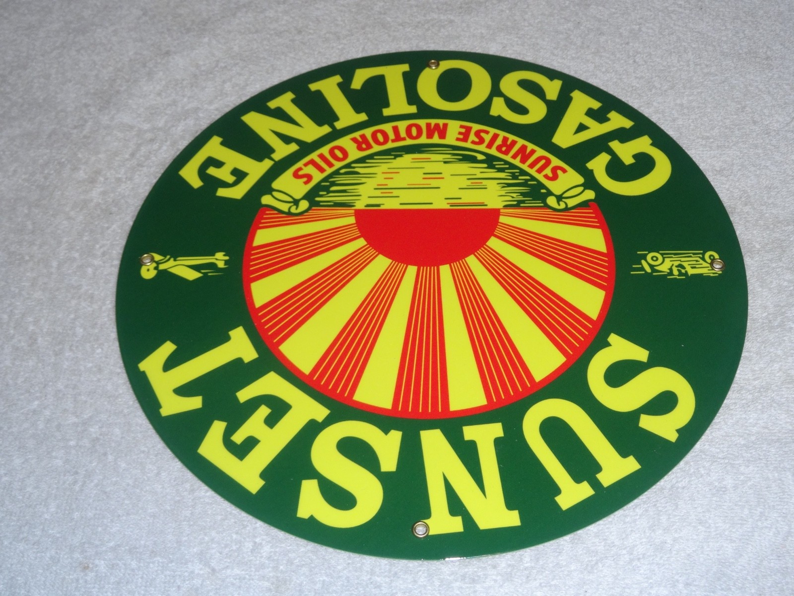 VINTAGE SUNRISE MOTOR OILS SUNSET GASOLINE 11 3/4″ PORCELAIN METAL AIRPLANE SIGN