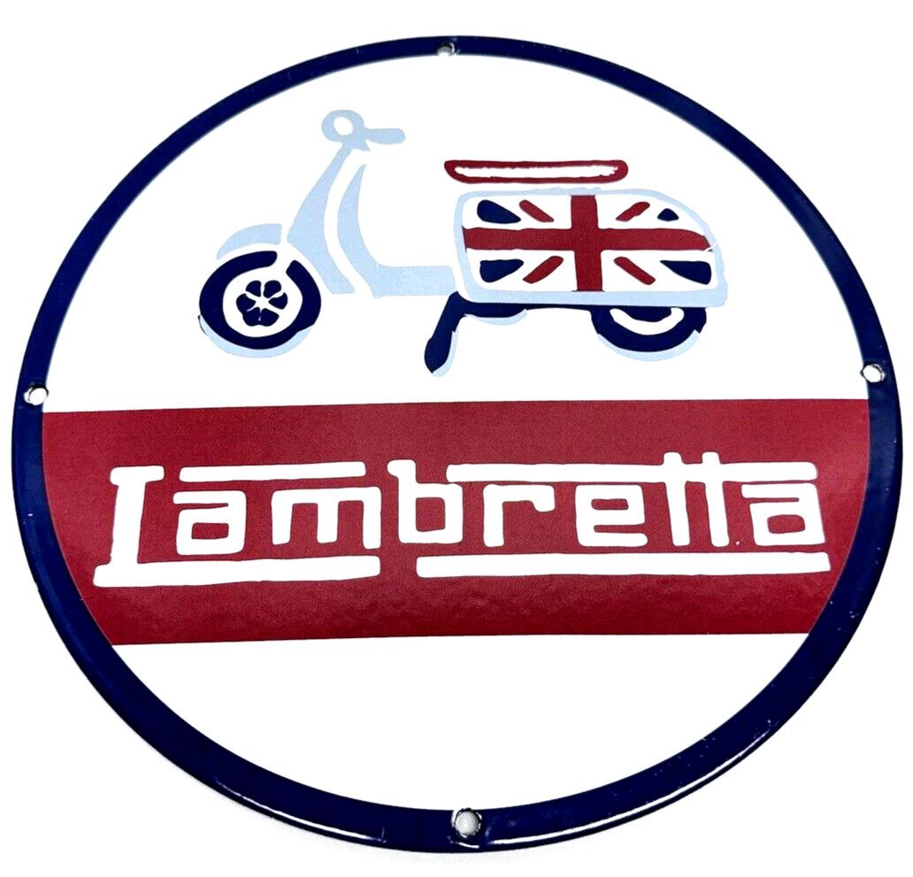 Vintage Lambretta Scooter Porcelain Sign Union Jack Round Metal Garage Man Cave