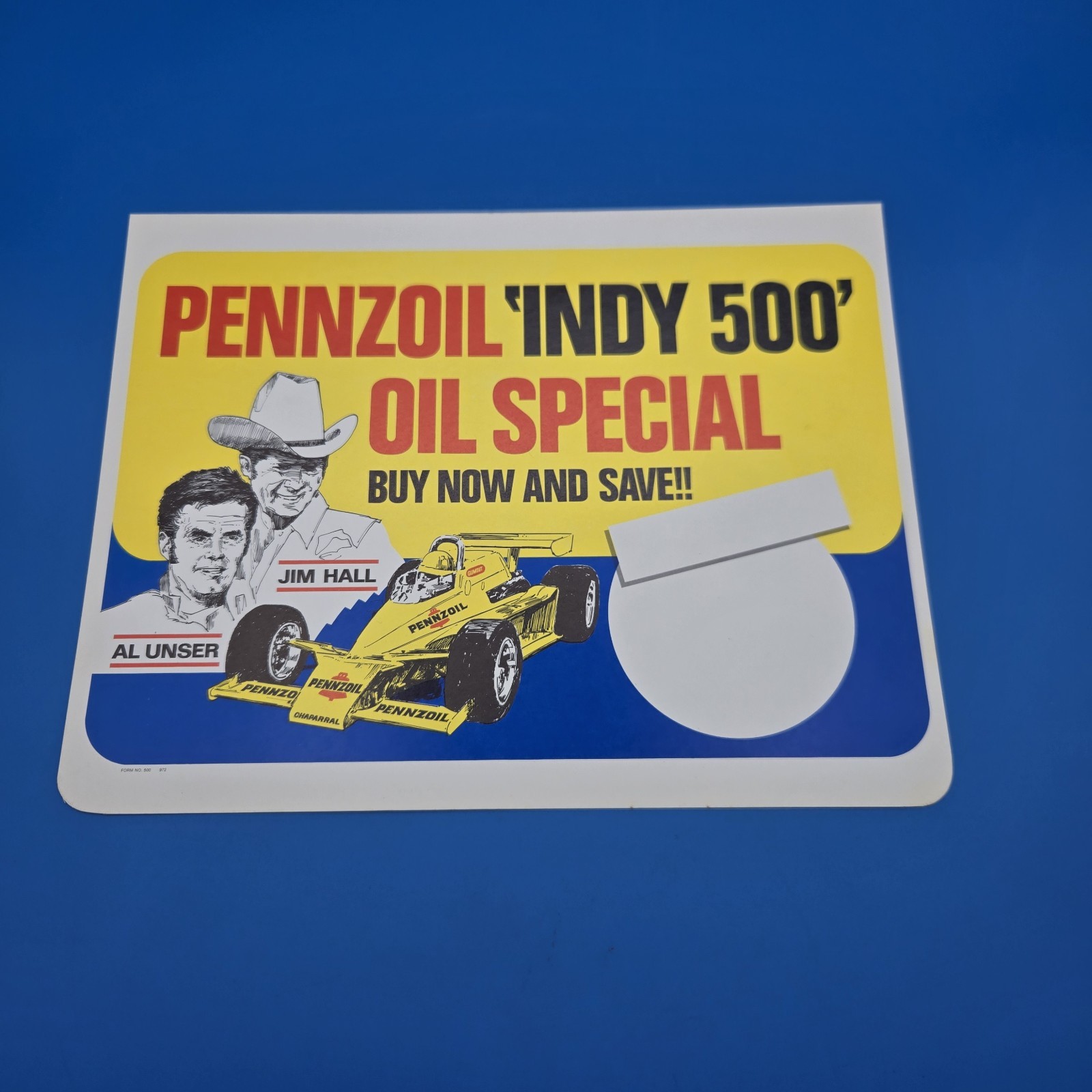NOS 1979 Pennzoil Indy 500 Oil Special Cardstock Sign Jim Hall Al Unser