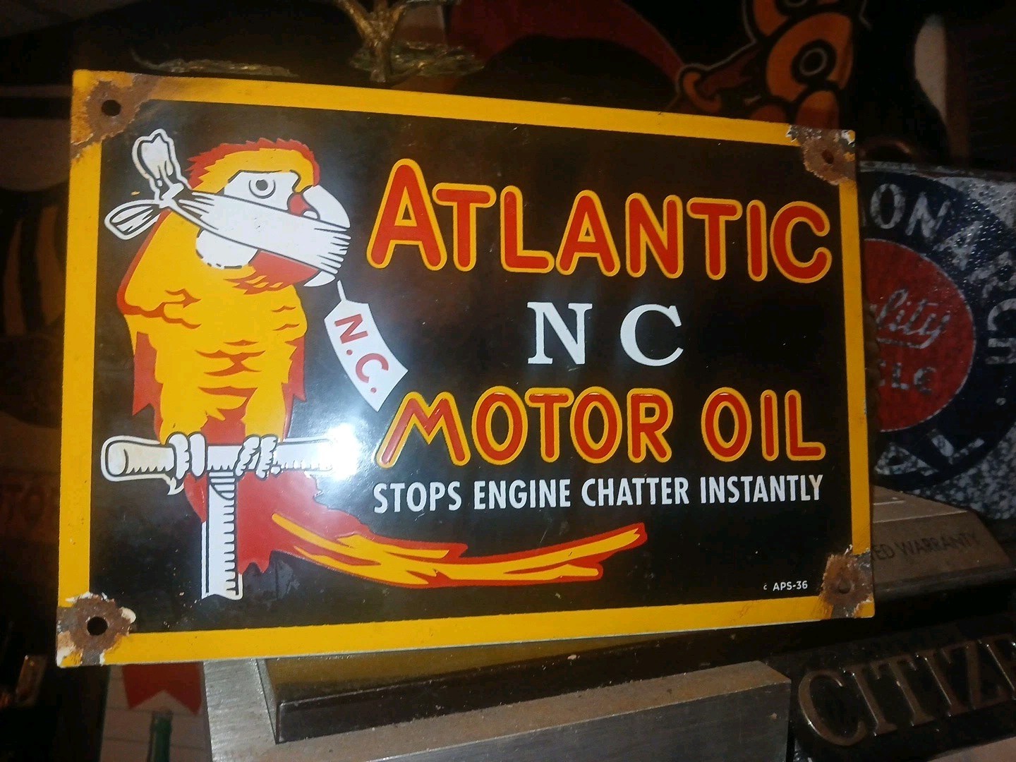 VINTAGE ATLANTIC MOTOR OIL SIGN GAS STATION PORCELAIN SIGN BIRD LUBE SERVICE