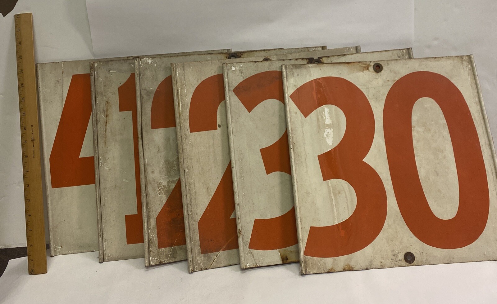 LOT OF 6 VTG TIN DOUBLE SIDEDGAS STATION PRICE NUMBER SIGNS RED WHITE GASOLINE