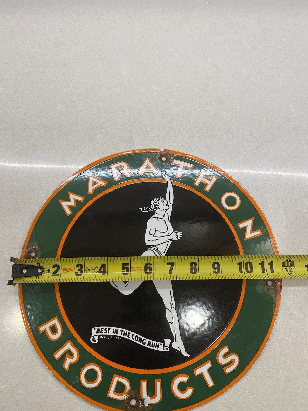 VINTAGE MARATHON GAS & OIL PRODUCTS 12″ PORCELAIN METAL CAR SIGN L👀K