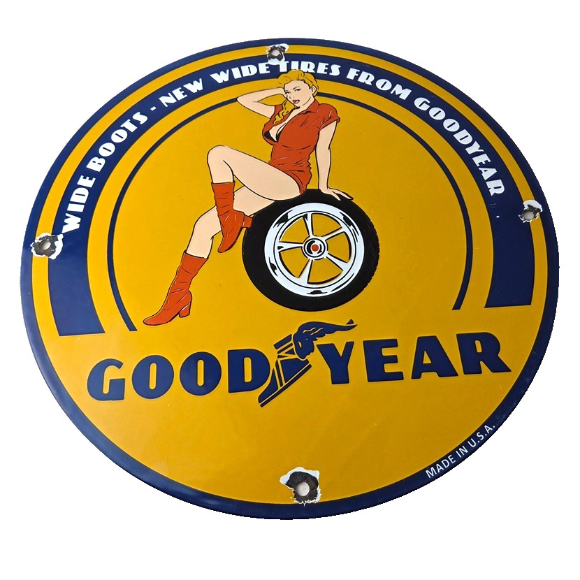 Vintage Tires Sign – Pinup Girl Sign Gas Motor Oil Pump Porcelain Sign