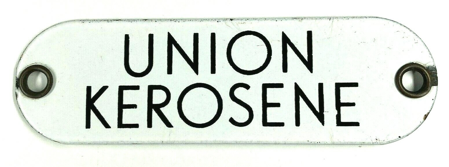 Vintage Union Kerosene Porcelain Gas Fuel Oil Tag Sign Badge – White & Black