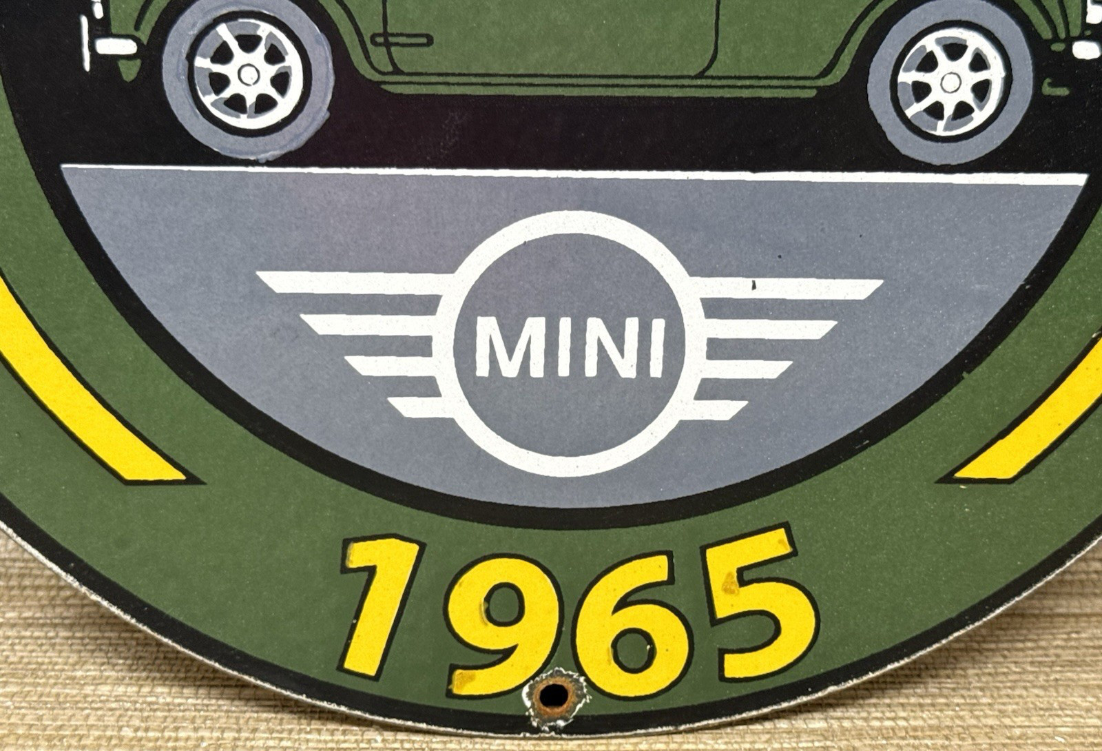 VINTAGE MINI COOPER PORCELAIN DEALERSHIP SIGN GAS STATION MOTOR OIL PUMP PLATE