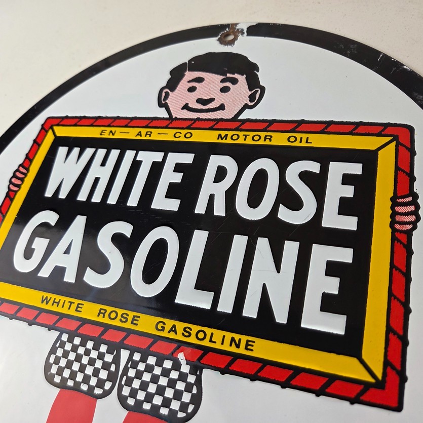 Vintage White Rose Gasoline Sign – En Ar Co Motor Oil Gas Station Pump Sign