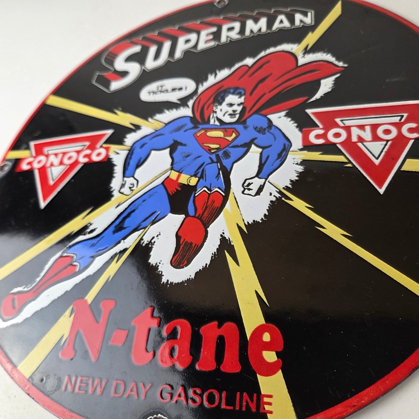 Vintage Conoco Gasoline Sign – Superman Comic Book Hero Porcelain Gas Pump Sign
