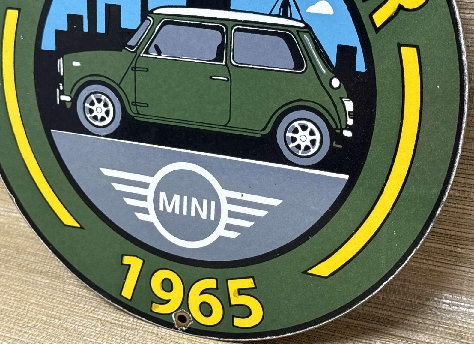 VINTAGE MINI COOPER PORCELAIN DEALERSHIP SIGN GAS STATION MOTOR OIL PUMP PLATE