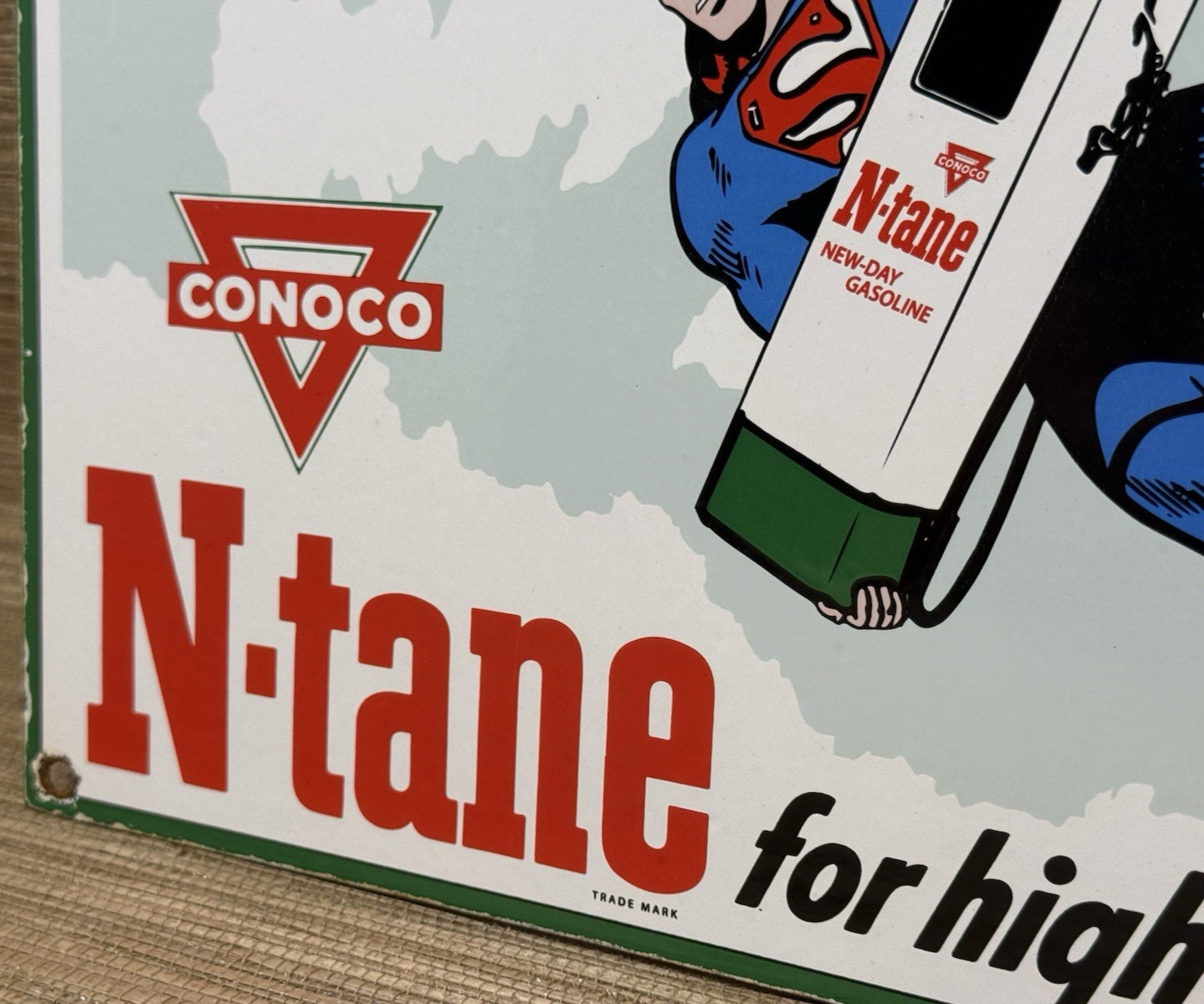 VINTAGE CONOCO SUPERMAN GASOLINE PORCELAIN SIGN GAS STATION PUMP PLATE MOTOR OIL