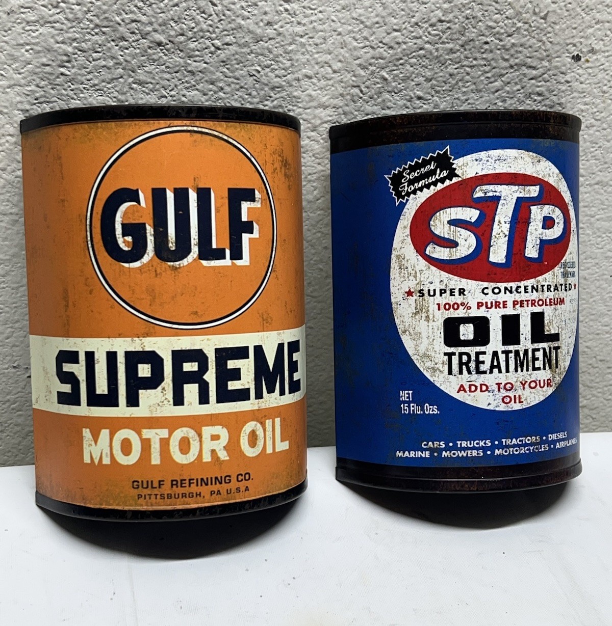 Retro Gulf Supreme & STP Motor Oil Metal Can Wall Sign Decor By Open Road