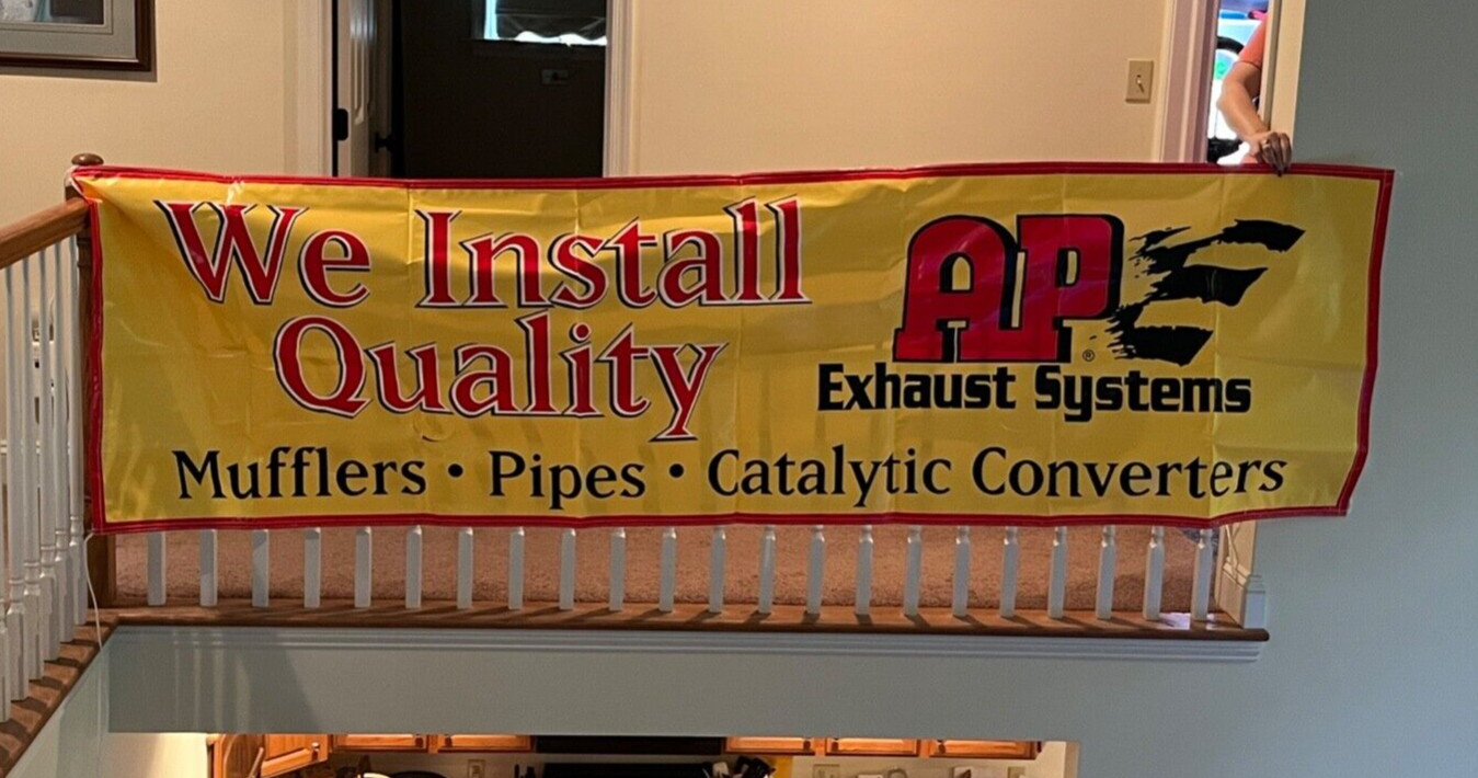 Vintage 1980s AP Mufflers & Pipes 120×33″ Vinyl Banner NEW!!