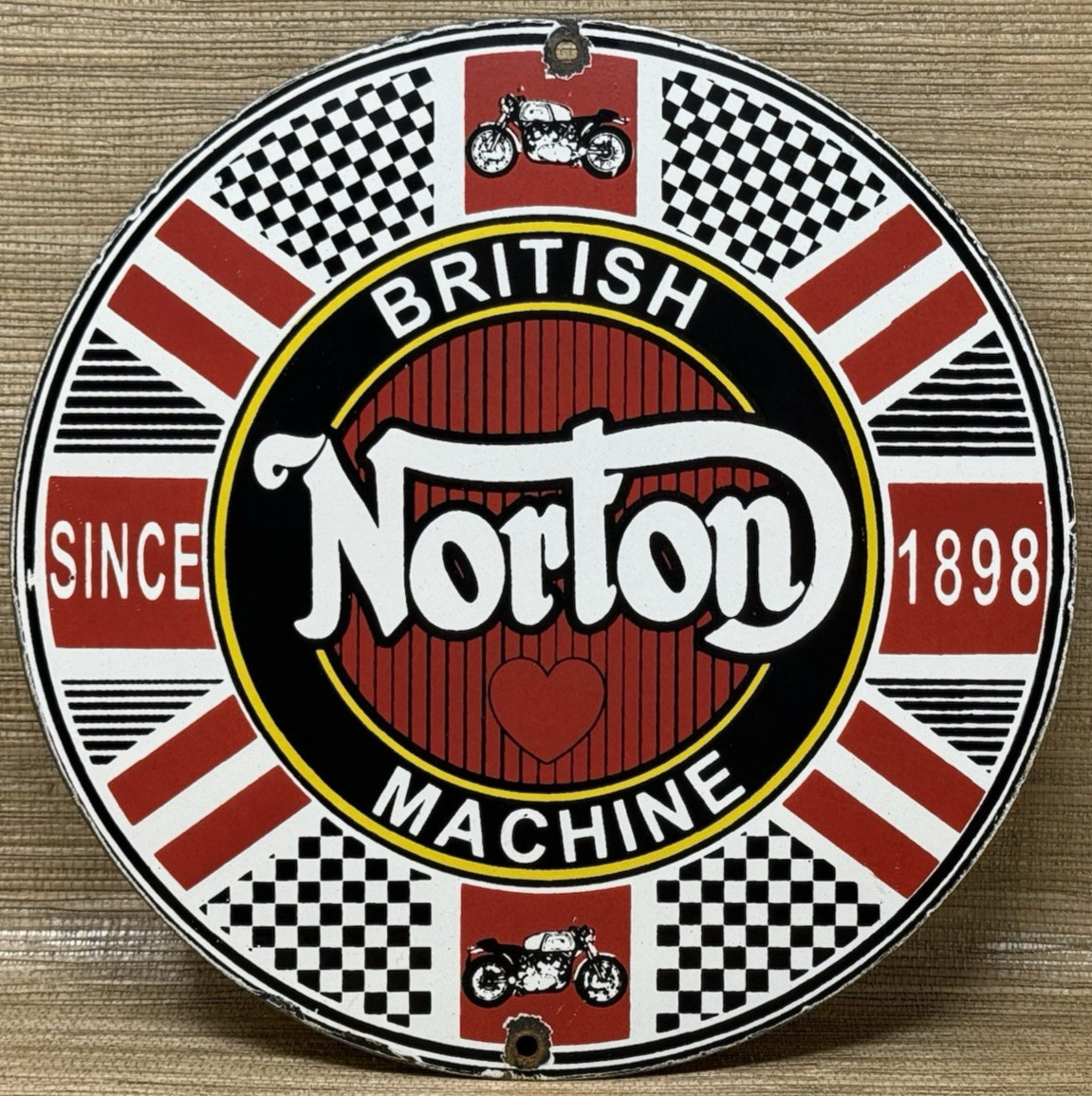 VINTAGE NORTON MOTORCYCLES PORCELAIN SIGN GENERAL MOTORS DEALERSHIP GAS OIL