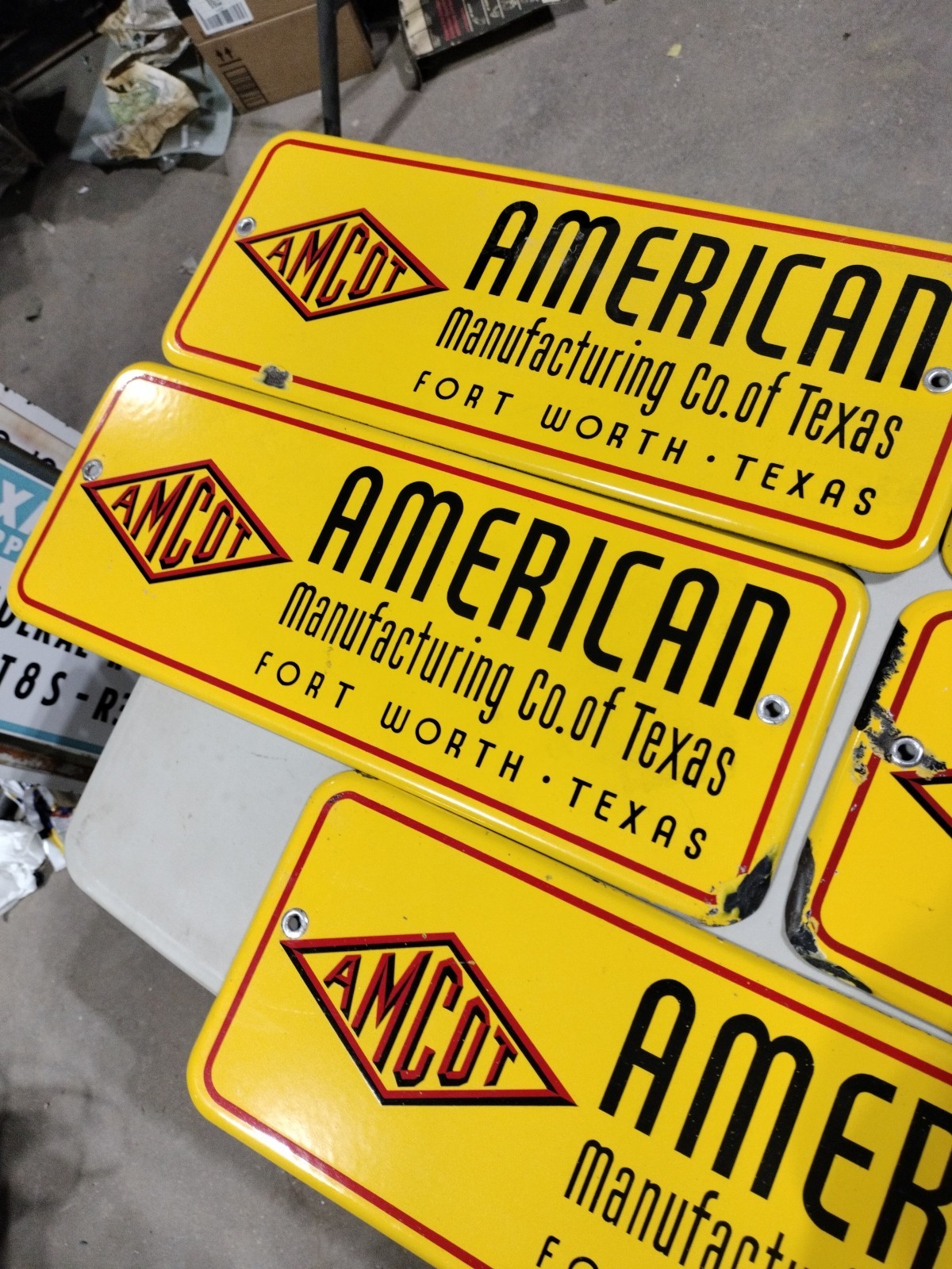 5 AMCOT-AMERICAN MANUFACTURING CO OF TEXAS PORCELAIN SIGNS-SELLING TOGETHER-NICE