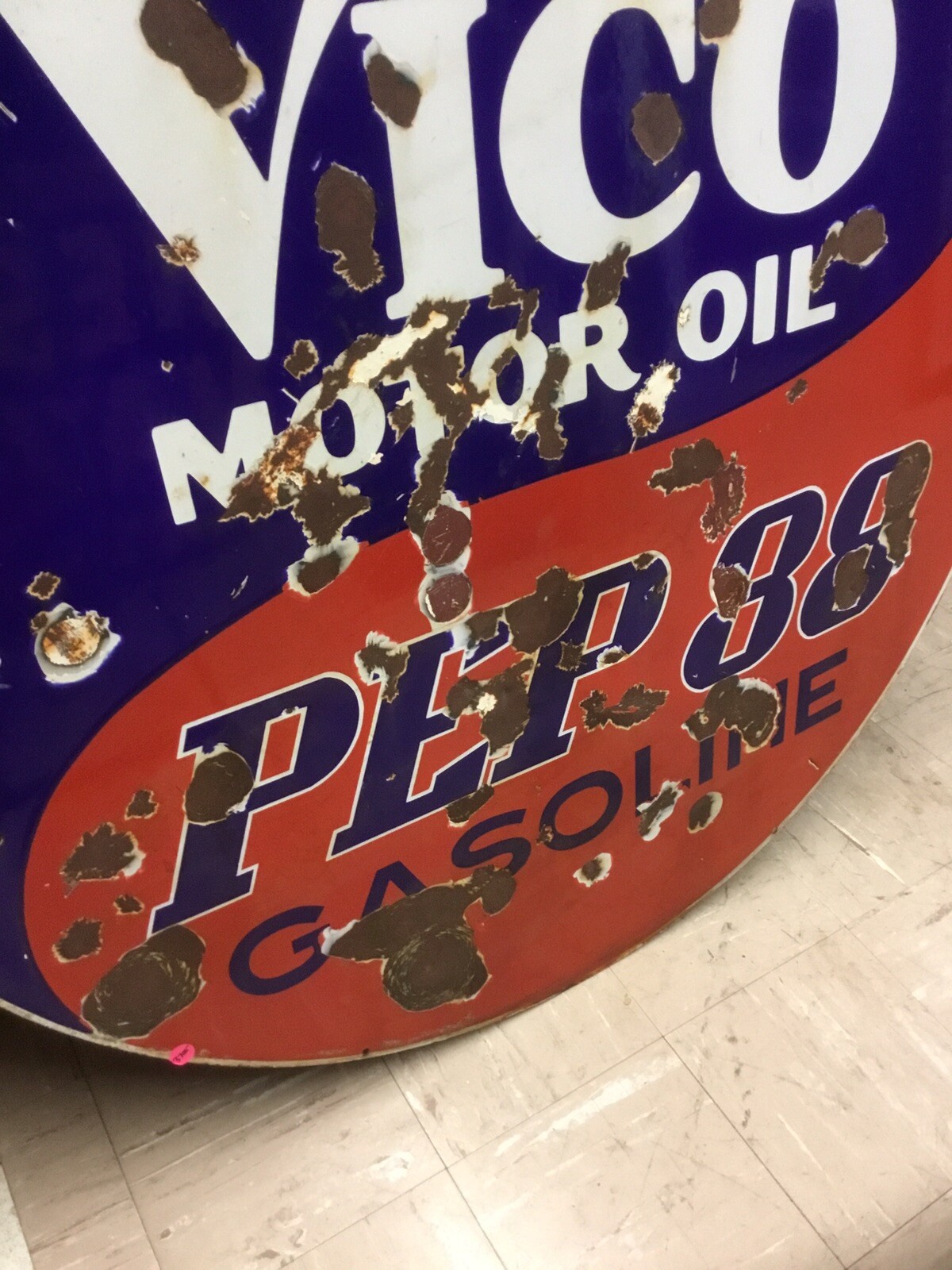 Ultra Rare 1930s 40s Vico Pep88 Gasoline Double Sided Porcelain Sign 42 inches.