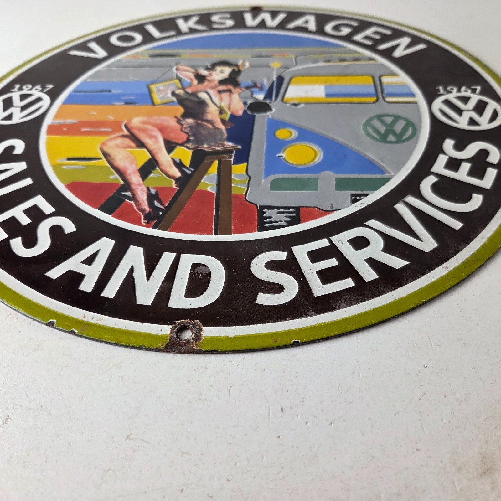 Vintage Volkswagen Sign – Sales Dealership VW Automobile Gas Pump Porcelain Sign