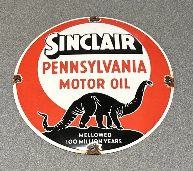 VINTAGE 12” DOMED SINCLAIR DINOSAUR PORCELAIN SIGN CAR GAS OIL TRUCK AUTO