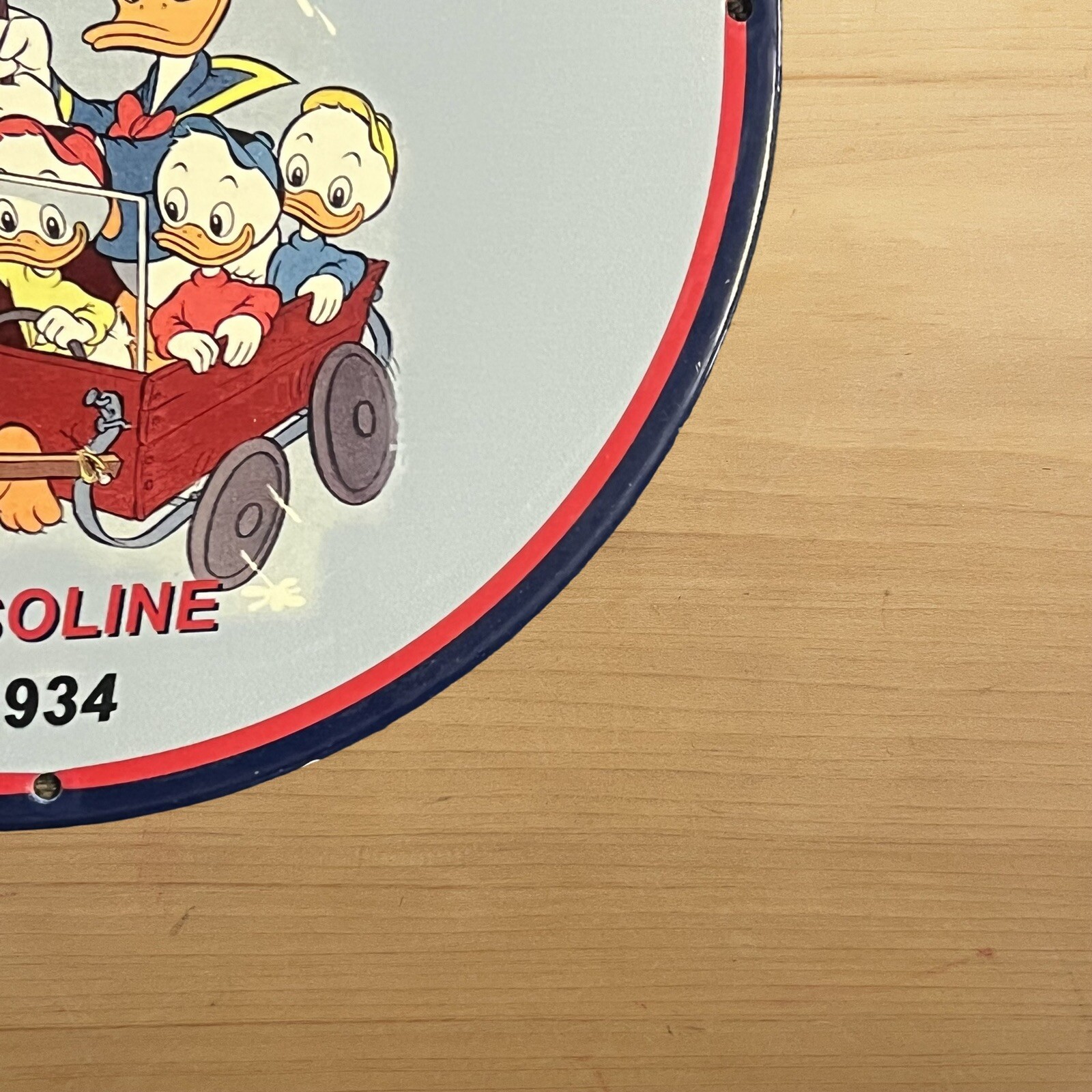 VINTAGE CHEVRON PORCELAIN SIGN DISNEY SUPREME GASOLINE OIL STATION PUMP PLATE AD
